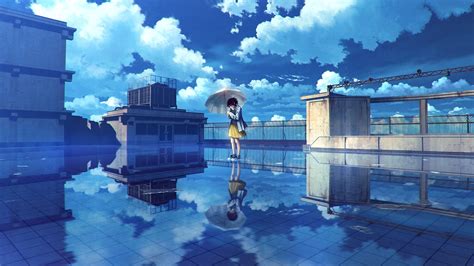 Download Wallpaper 1920x1080 Water Reflections Anime Girl Clouds