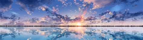 Download 1920x1080 Anime Scenic Clouds Sunset Reflection Dual