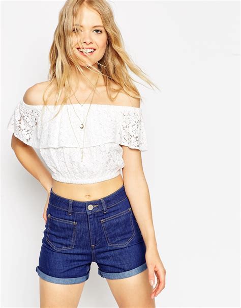 Lyst Asos Cropped Off The Shoulder Top In Lace In White