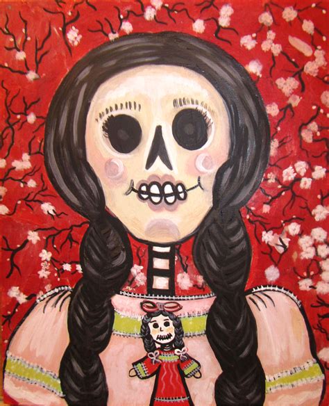 Calaca With Doll By Martha Rodriguez 16 X 20 Mixed Media On Canvas