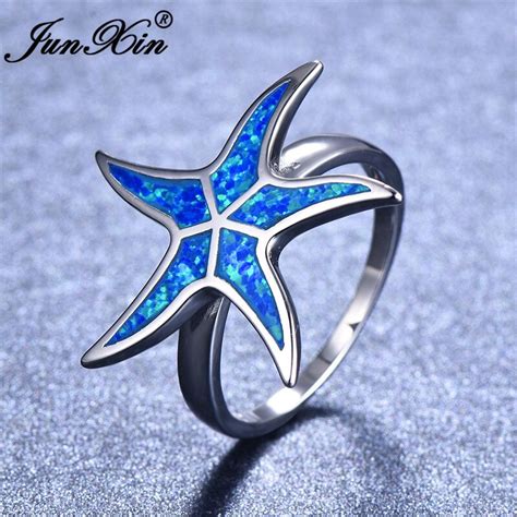 Junxin Silver Color Starfish Rings For Women Men Ocean Blue Fire Opal