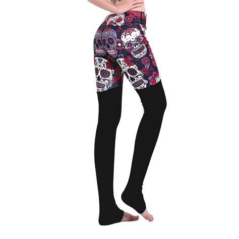 Hot New Halloween Red Floral Skull Spiced Yoga Sports Pants Plus S To