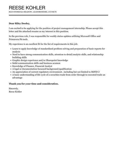 Project Management Internship Cover Letter Velvet Jobs