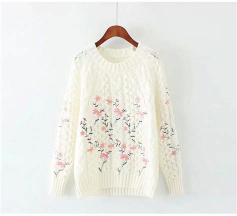 White Pink Flower Embroidery Sweater Jumper Etsy