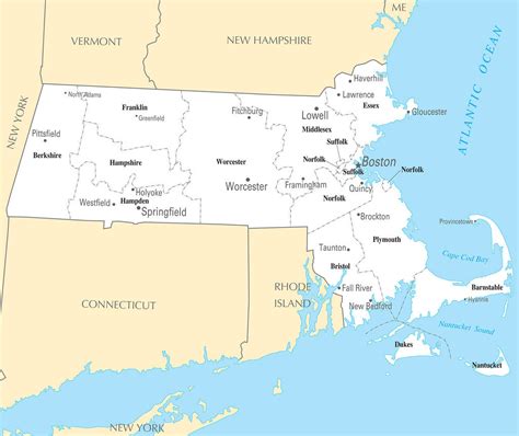 Map Of Massachusetts Ma County Map With Selected Cities And Towns Fr