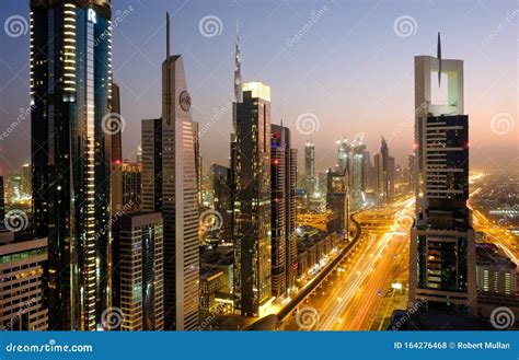 A High Viewpoint Night Shot Of Sheikh Zayed Road Dubai Editorial