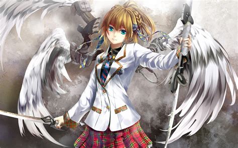 Tons of awesome anime sword wallpapers to download for free. blonde, Original characters, Blue eyes, Sword, Wings ...