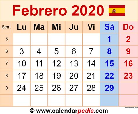 Calendario Febrero 2020 En Word Excel Y Pdf Calendarpedia