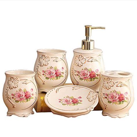 5piece Luxury Pink Rose Ceramic Bathroom Accessory Set With Soap Dish