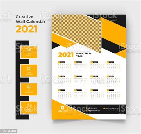 Kalender Dinding 2021 Desain Templat Kalender Satu Halaman Ilustrasi