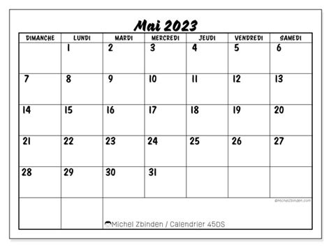 Calendrier Mai 2023 à Imprimer “45ds” Michel Zbinden Lu