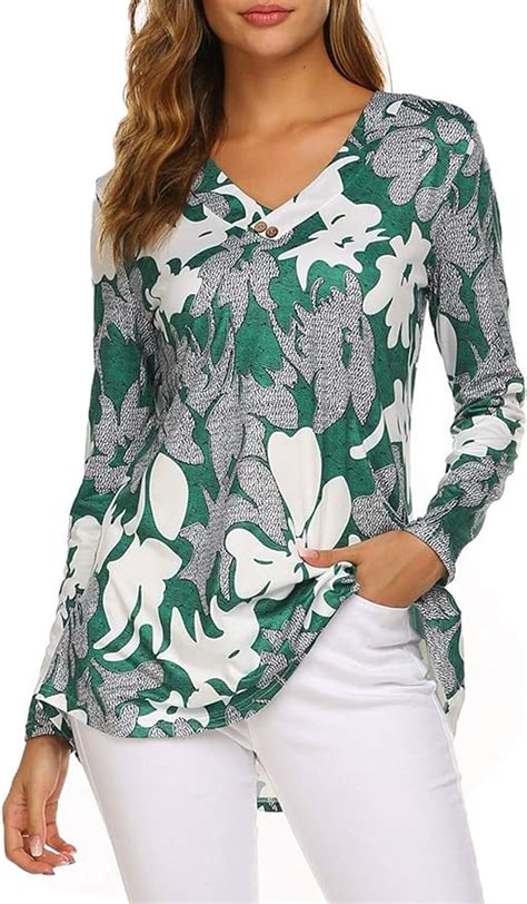 Womens Casual V Neck Print Blouse Long Sleeve Button Up Tunic Tops