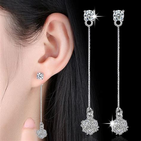 Crystal Long Hanging Flower Drop Silver Earrings Tassel For Women Silver Color Rhinestone Bridal