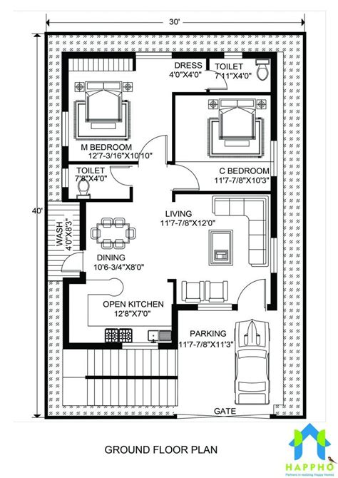 Floor Plan For 30 X 40 Feet Plot 2 Bhk 1200 Square Feet133 Sq Yards