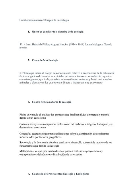 Cuestionario Numero Origen De La Ecolog A Quien Es Considerado El