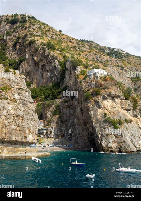 Marina Di Praia Beach Below The Mountain Slops Amalfi Coast Stock