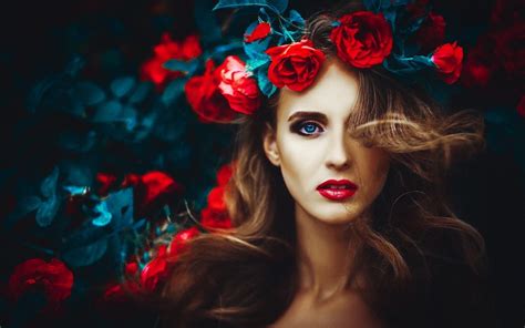 Download Wallpapers Beautiful Makeup Spring Red Roses Portrait Beautiful Girl For Desktop