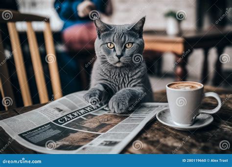 The Cat Is Reading A Newspaper In A Cafe Ai Generated Stock