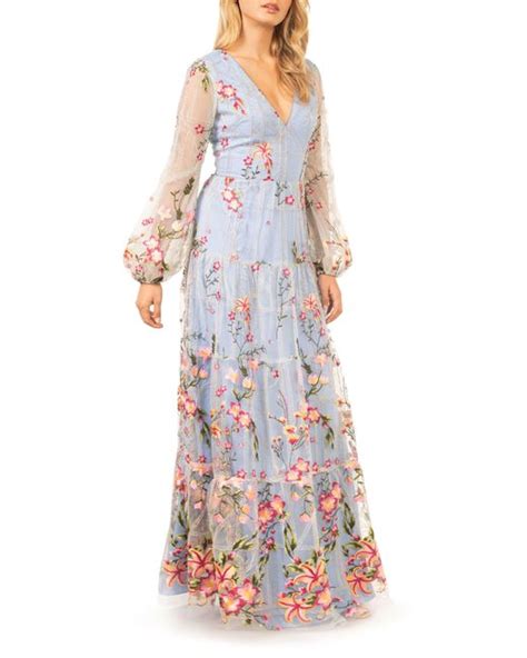 Dress The Population Lyra Floral Embroidery Long Sleeve Tulle Gown Lyst