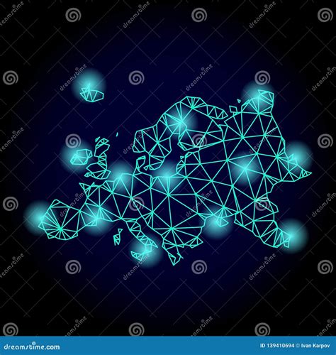 Polygonal Network Mesh Map Of Europe With Light Spots Stock Vector
