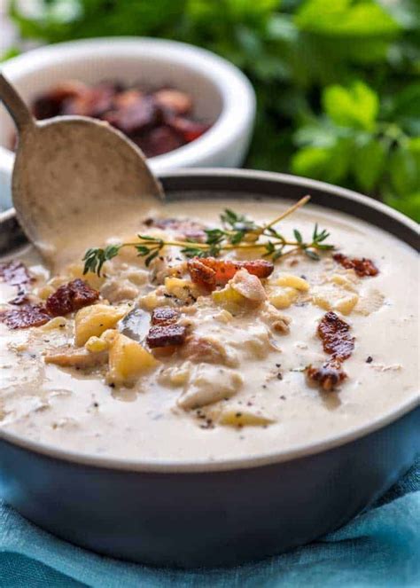 Most basic recipes for clam chowder call for rendering down some form of salted pork (bacon or salt pork usually), sweating onions and celery in the rendered fat, a touch of flour, followed by milk, potatoes, chopped, and occasionally bottled clam juice. New England Clam Chowder, made in 30 minutes, is a bowl of ...