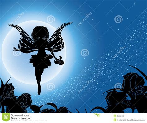 Flying Fairy Silhouette With Flowers In Night Sky Stock