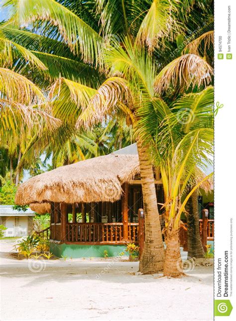 Landscape Of Paradise Tropical Island With Palms Cottages