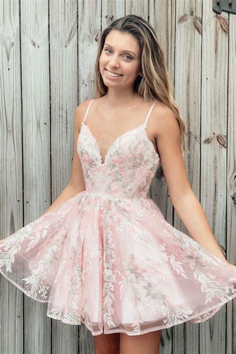 Pink Spaghetti Straps Lace Short Prom Dresses Homecoming Dresses Mhl11 Selinadress