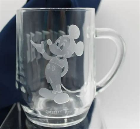 Disneyland Disneys Mickey Mouse Clear Etched Glass Mug Cup Coffee Tea