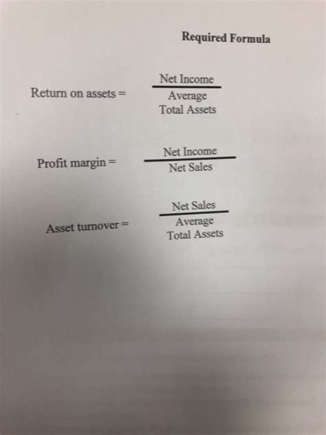 The formula to calculate return on assets is: Required Formula Net Income Average Total Assets R ...