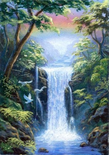 Aceo Original Painting Landscape Waterfall Rainbow Birds Doves Trees