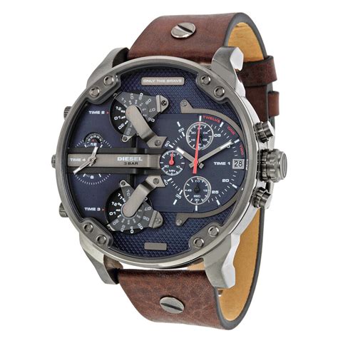Diesel Mr Daddy Dual Time Chronograph Navy Blue Dial Leather Mens