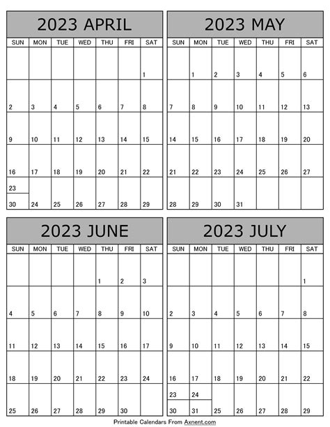 April To July 2023 Calendar Templates Four Months