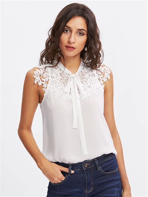 guipure lace applique tied neck top shein sheinside sexy bluse trendy outfits top outfits
