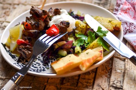 Beef Souvlaki With Greek Potatoes And Purple Cabbage And Feta Salad