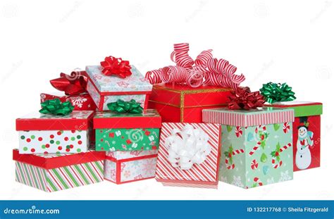 Random Pile Of Bright Colorful Christmas Presents Isolated On White