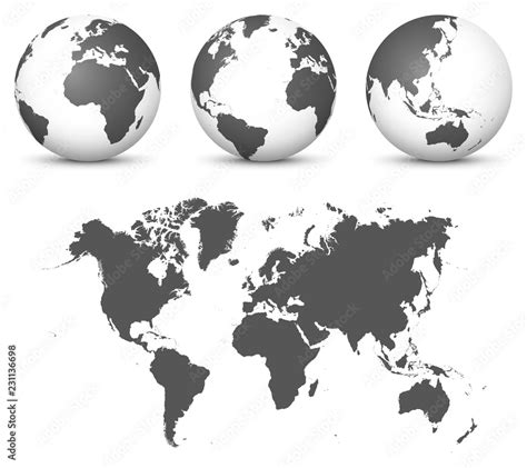 Gray 3d Globe Earth Vector Set With Undistorted 2d World Map In Gray