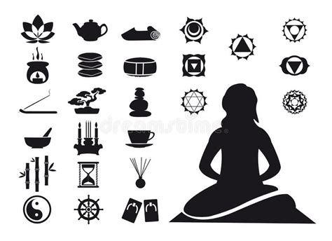 Meditation Icon Set A Woman Meditating With Chakra Signs Stock Vector