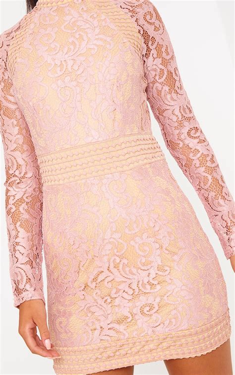 Dusty Pink Lace High Neck Bodycon Dress Prettylittlething