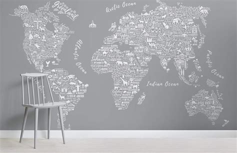 Grey World Map Wallpaper Typography Map Design Muralswallpaper In