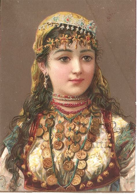 Pretty Gypsy Woman With Coins Antique French Chromo Illustration Цыганки Портретная живопись
