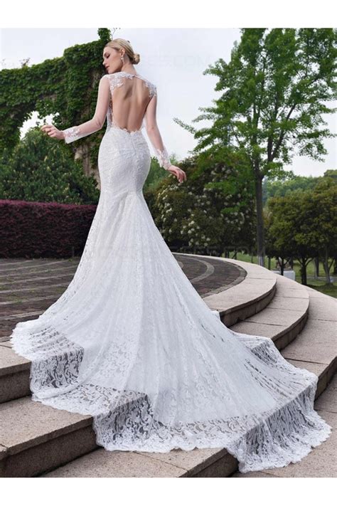 Long Sleeves Lace Open Back Mermaid Wedding Dresses Bridal Gowns