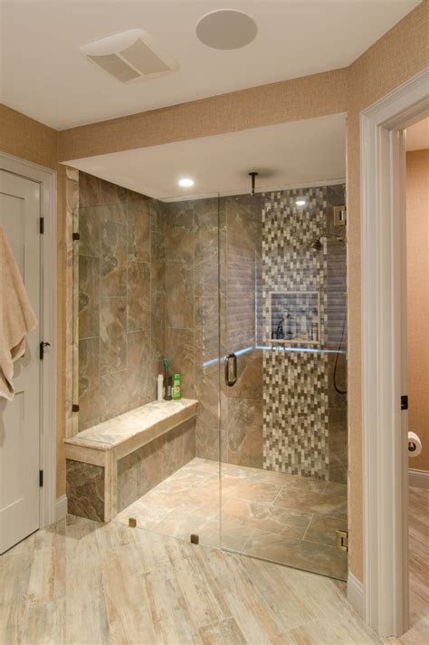 shower ideas large tile shower with custom shower seat vertical accent tile strip custom