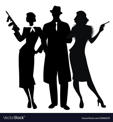 Silhouettes Elegant Criminal Trio In Retro Vector Image