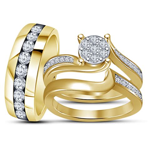 Mens Womens Wedding Trio Ring Set 14k Yellow Gold Over 925 Sterling