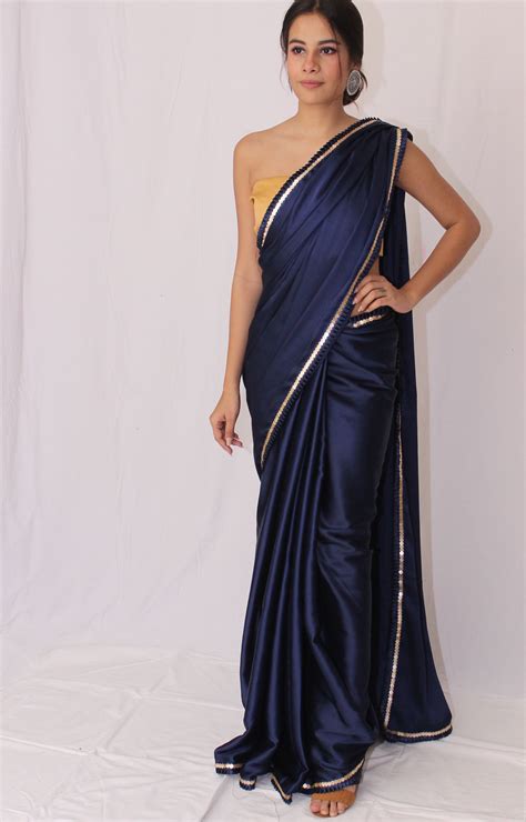 navy blue satin with frilled borders satin saree sarees for girls funky dresses