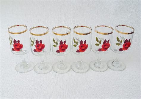 Red Rose Glasses X 6 Vintage Drinking Wine Spirit Cordial Etsy