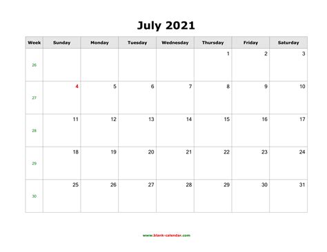 Empty July 2021 Calendar Printable March