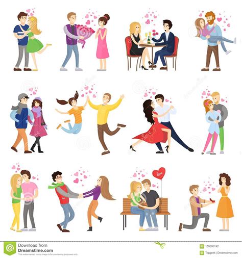 Happy Couples In Love Surrounded With Small Hearts Stock Vector