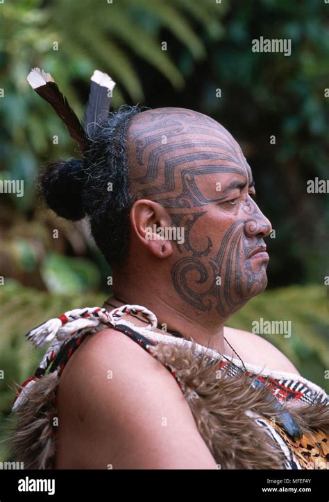 Maori With Traditional Facial Tattoo Moko And Authentic Costume New